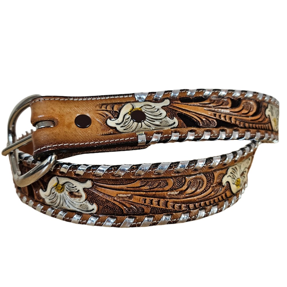 Tony Lama Floral Leather Waist Belt Women's 30 Hand Tooled Western Boho Wendy